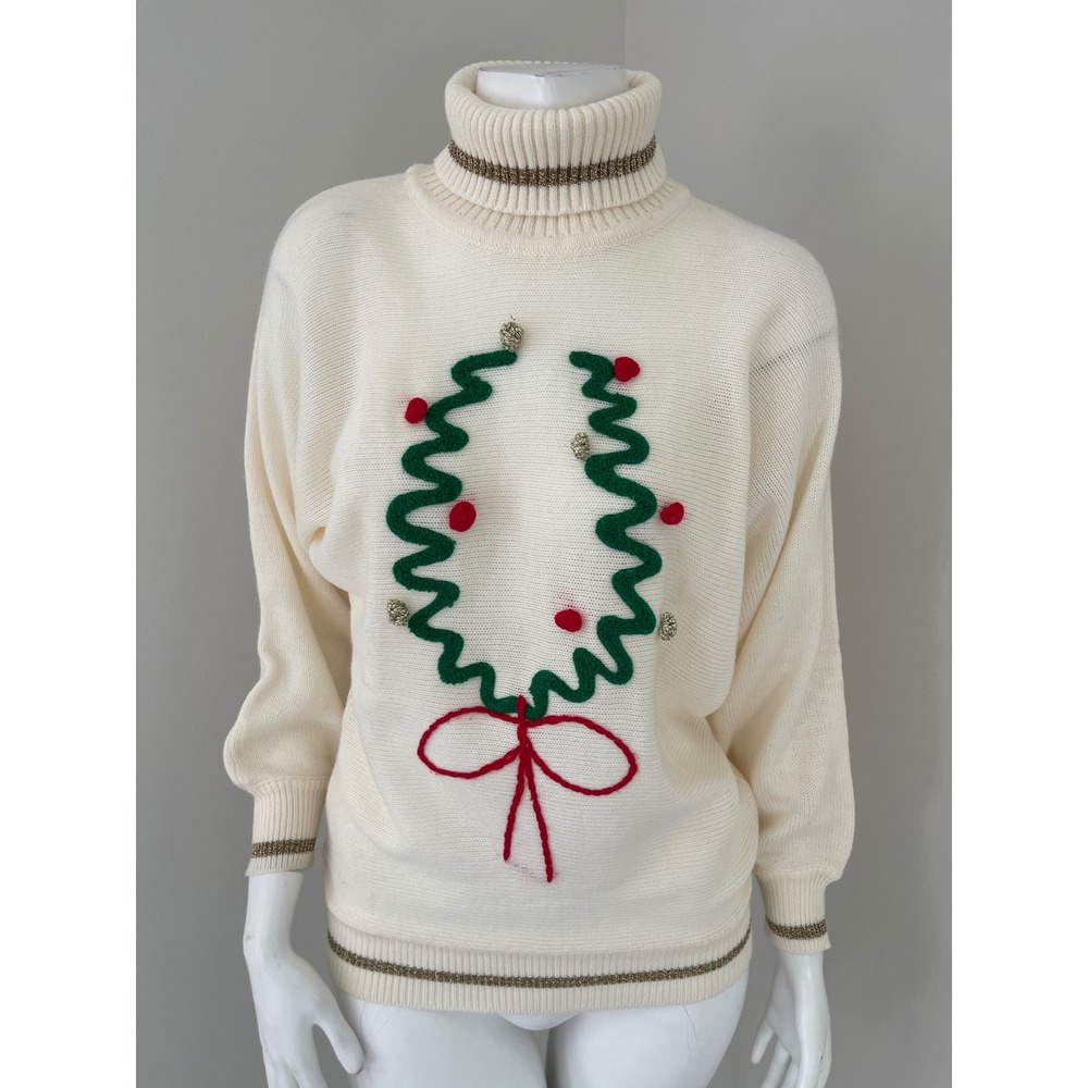 Vintage Simply Knits Christmas Wreath Turtleneck Sweater Cream Gold Tinsel Small